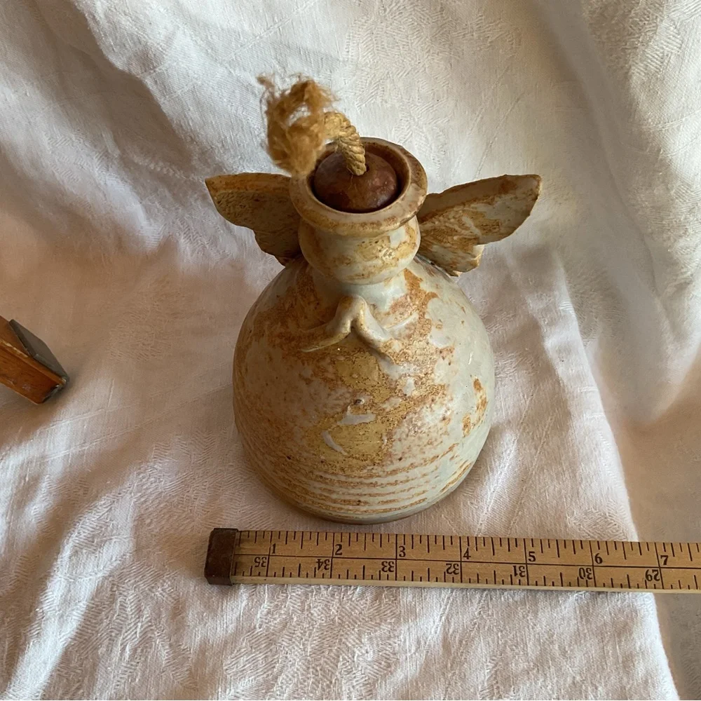 pottery angel oil lamp W/Original wick glazed in earthy brown tones Signed